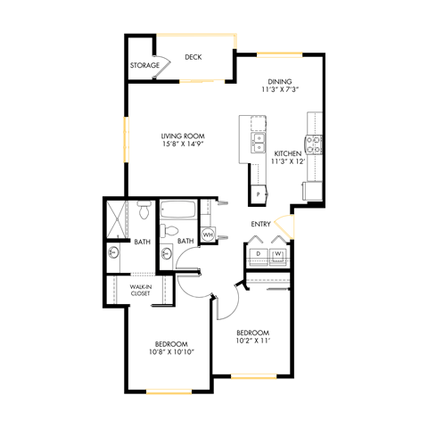 Floor plan for 2 beds, 2 baths, 1040 sqft